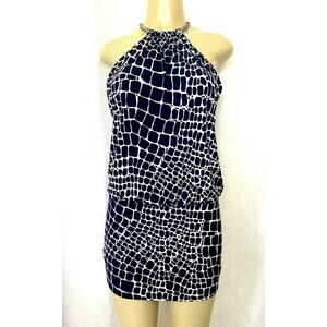 Cache Mini Dress Blouson Chain Neck Sleeveless Navy White Blue 2 XS Lined